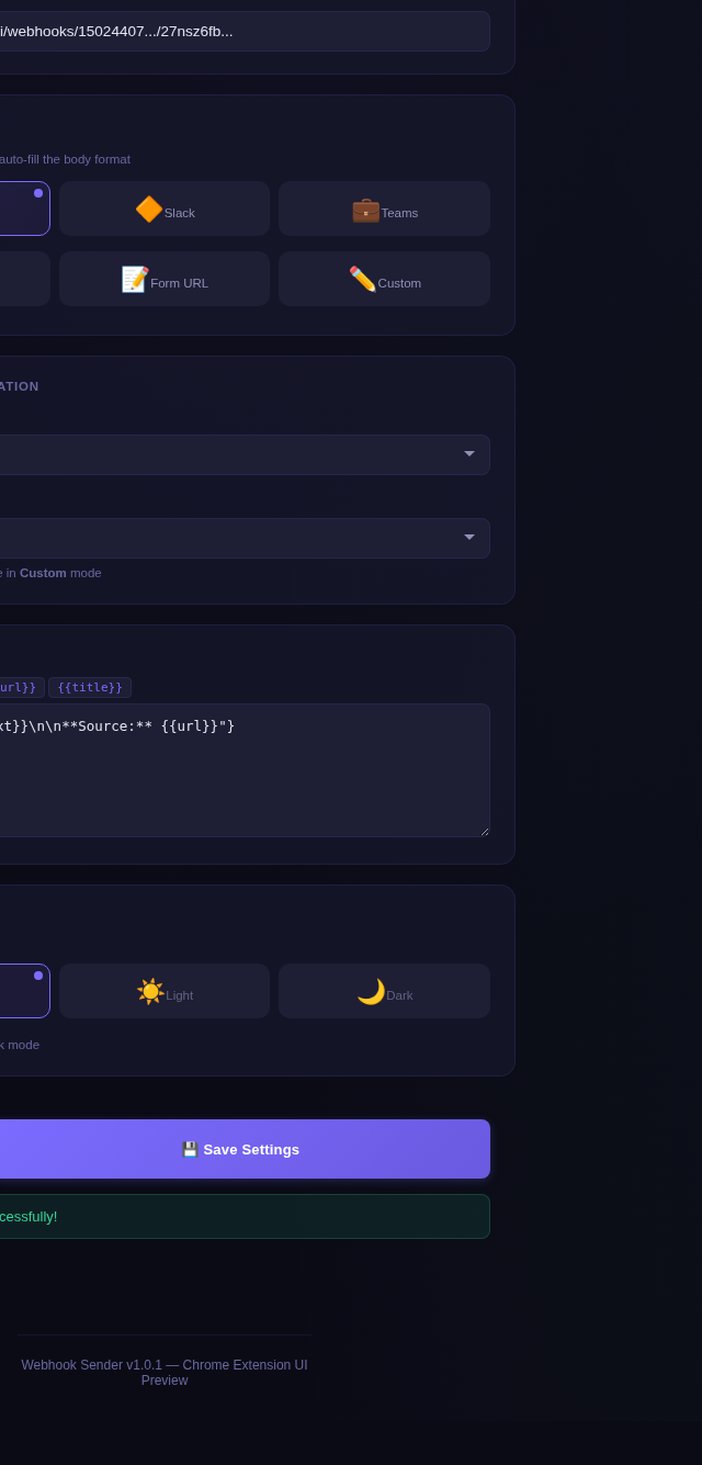 Webhook Sender options/settings page