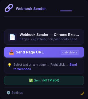 Webhook Sender popup in dark mode